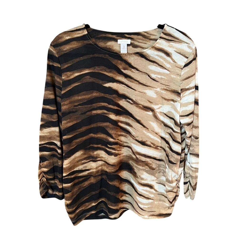 Chico’s Tiger Print Knit Top Brown Black Long Sleeve - Size 3/L-XL